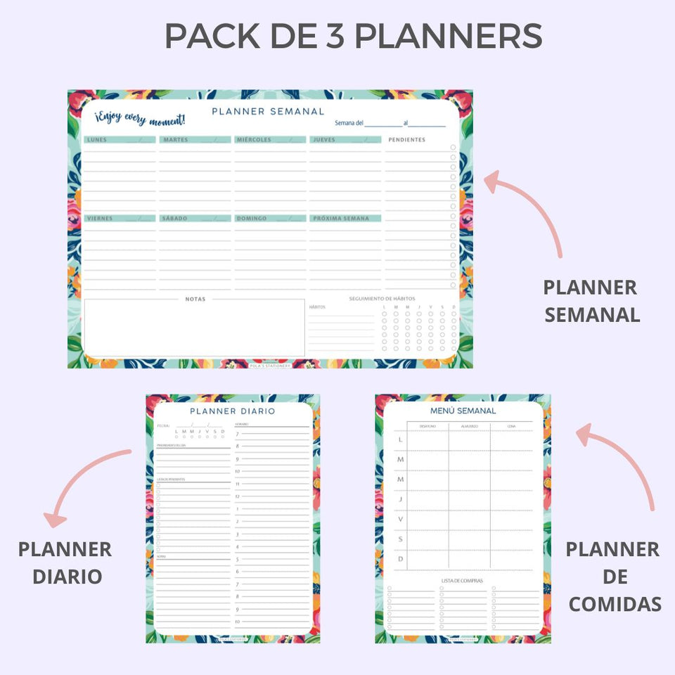 PACK DE 3 PLANNERS- Flowers dark